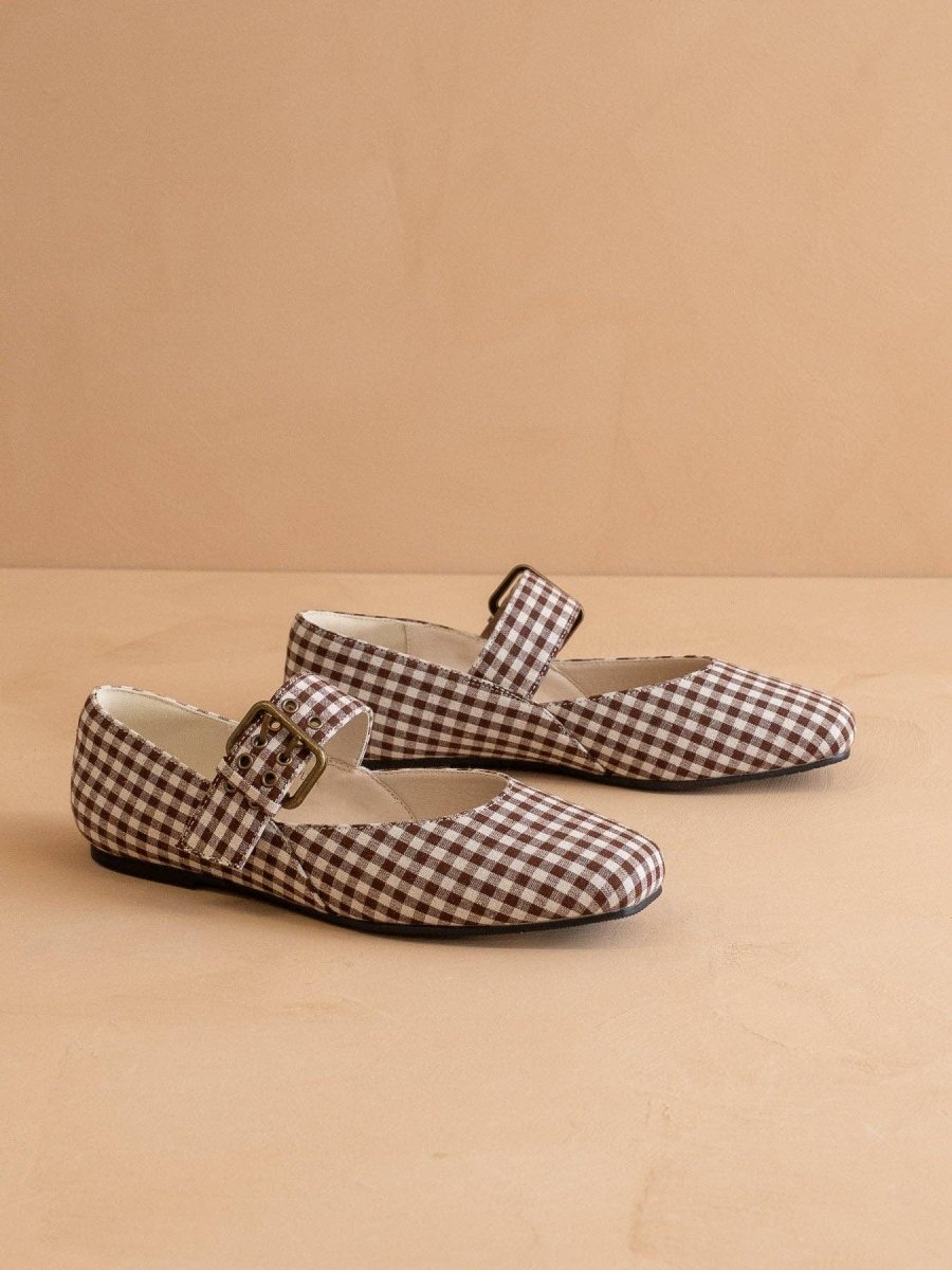The Soho | Coffee Gingham Ballet Fall Flat Studded Buckle - Three:Twelve Boutique - OASIS SOCIETY