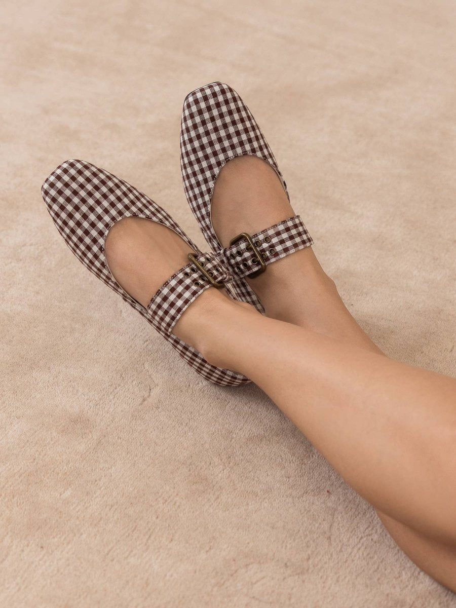 The Soho | Coffee Gingham Ballet Fall Flat Studded Buckle - Three:Twelve Boutique - OASIS SOCIETY