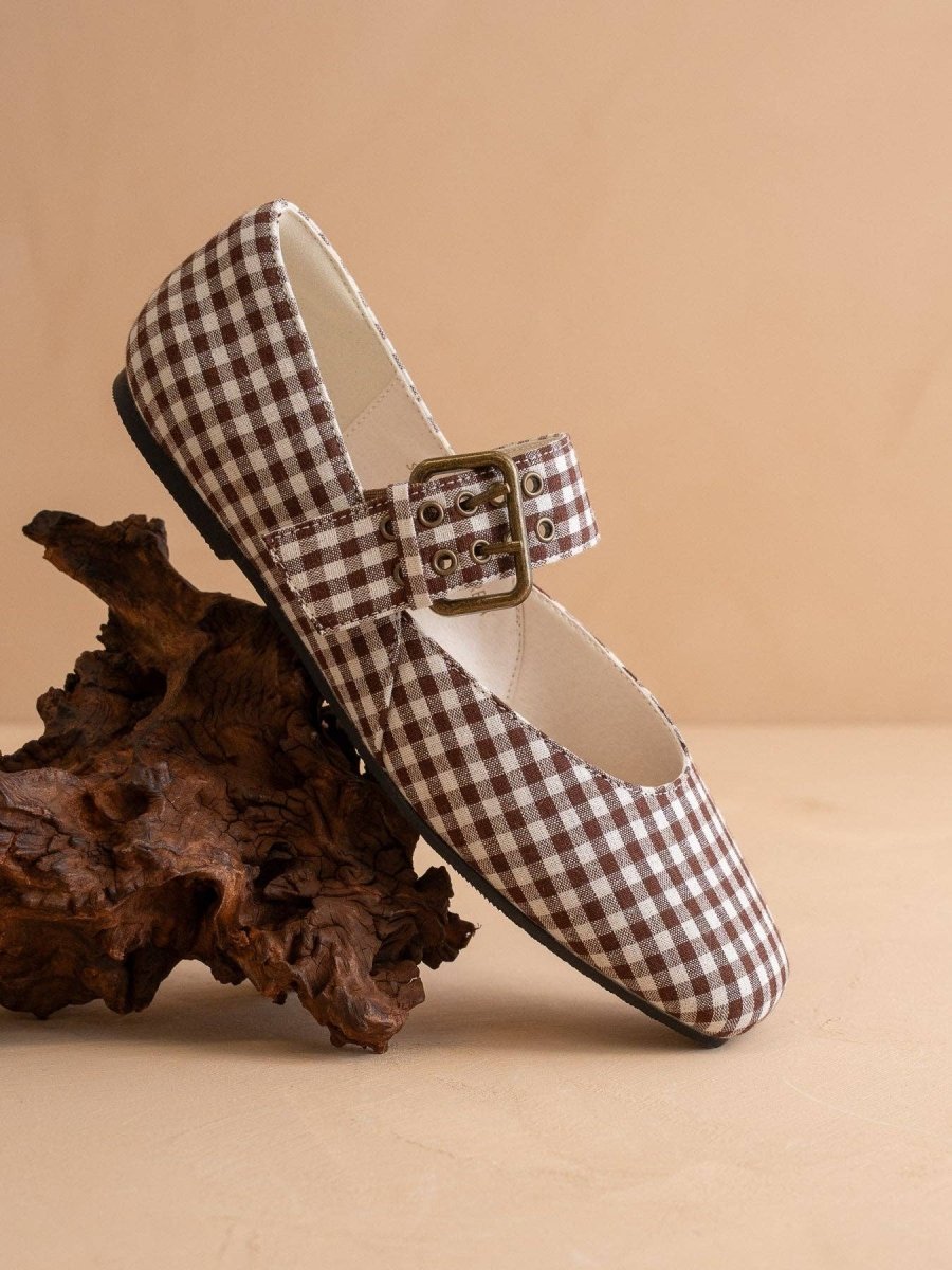 The Soho | Coffee Gingham Ballet Fall Flat Studded Buckle - Three:Twelve Boutique - OASIS SOCIETY