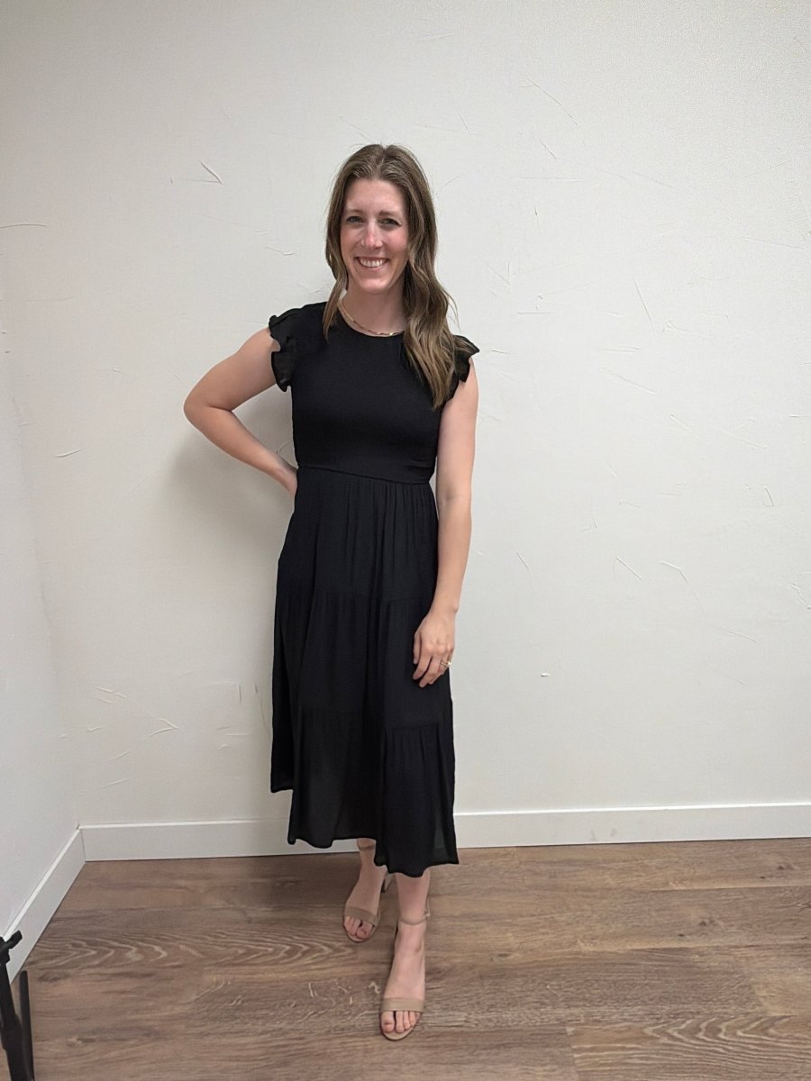 Front view of model wearing Tiered Smocked Short Sleeve Midi Dress for Women