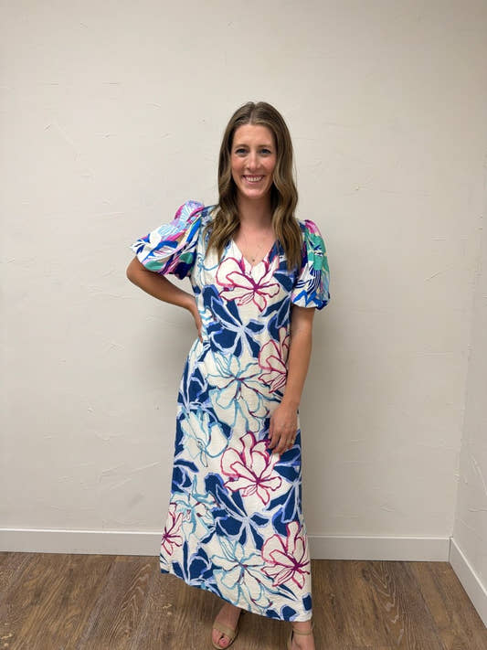 Tropical Floral Puff Sleeve Maxi Dress - Three:Twelve Boutique - eesome