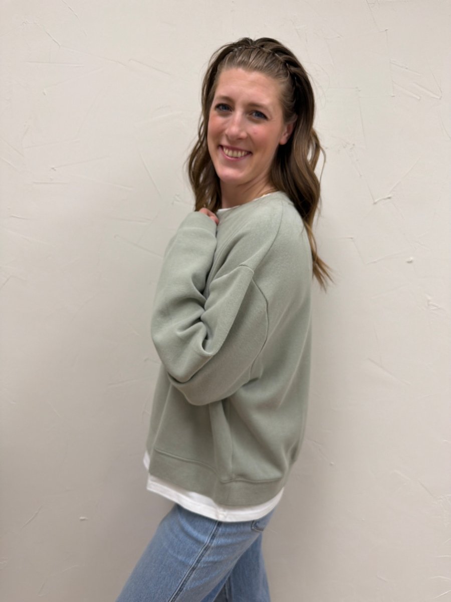 Side view of Twofer sweatshirt showing relaxed silhouette — Three:Twelve Boutique