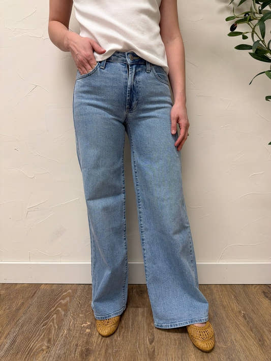 Front view of model wearing Ultra Wide denim jeans showing relaxed high-rise fit — Three:Twelve Boutique