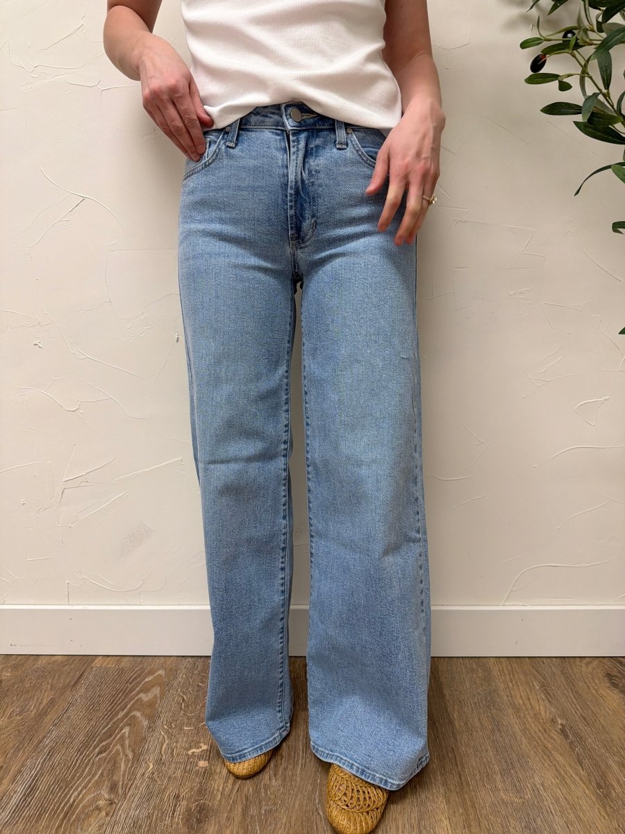 Front view of model wearing Ultra Wide denim jeans showing relaxed high-rise fit — Three:Twelve Boutique