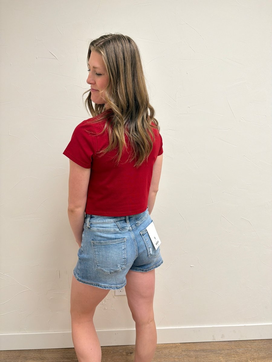 Back view of model wearing USA Short Sleeve Baby Tee — Three Boutique