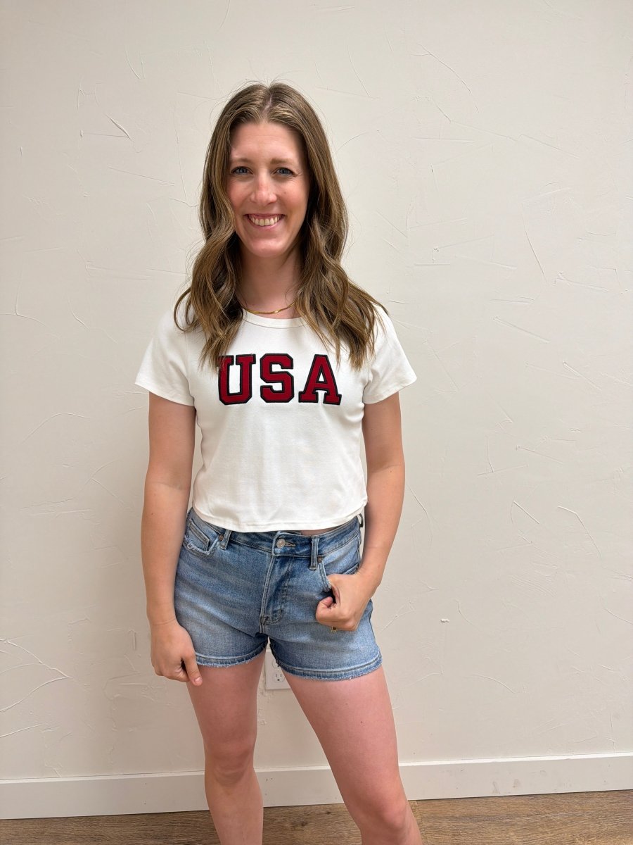 Front view of model wearing USA Short Sleeve Baby Tee — Three Boutique
