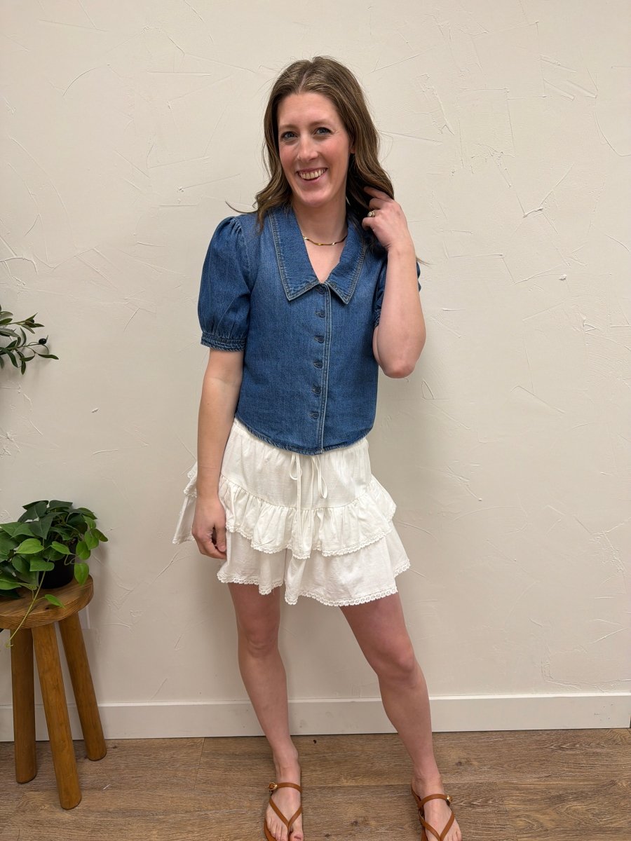 V Deep Neck Puff Sleeve Crop Shirt – Risen Denim Casual Top - Three:Twelve Boutique - Risen Denim