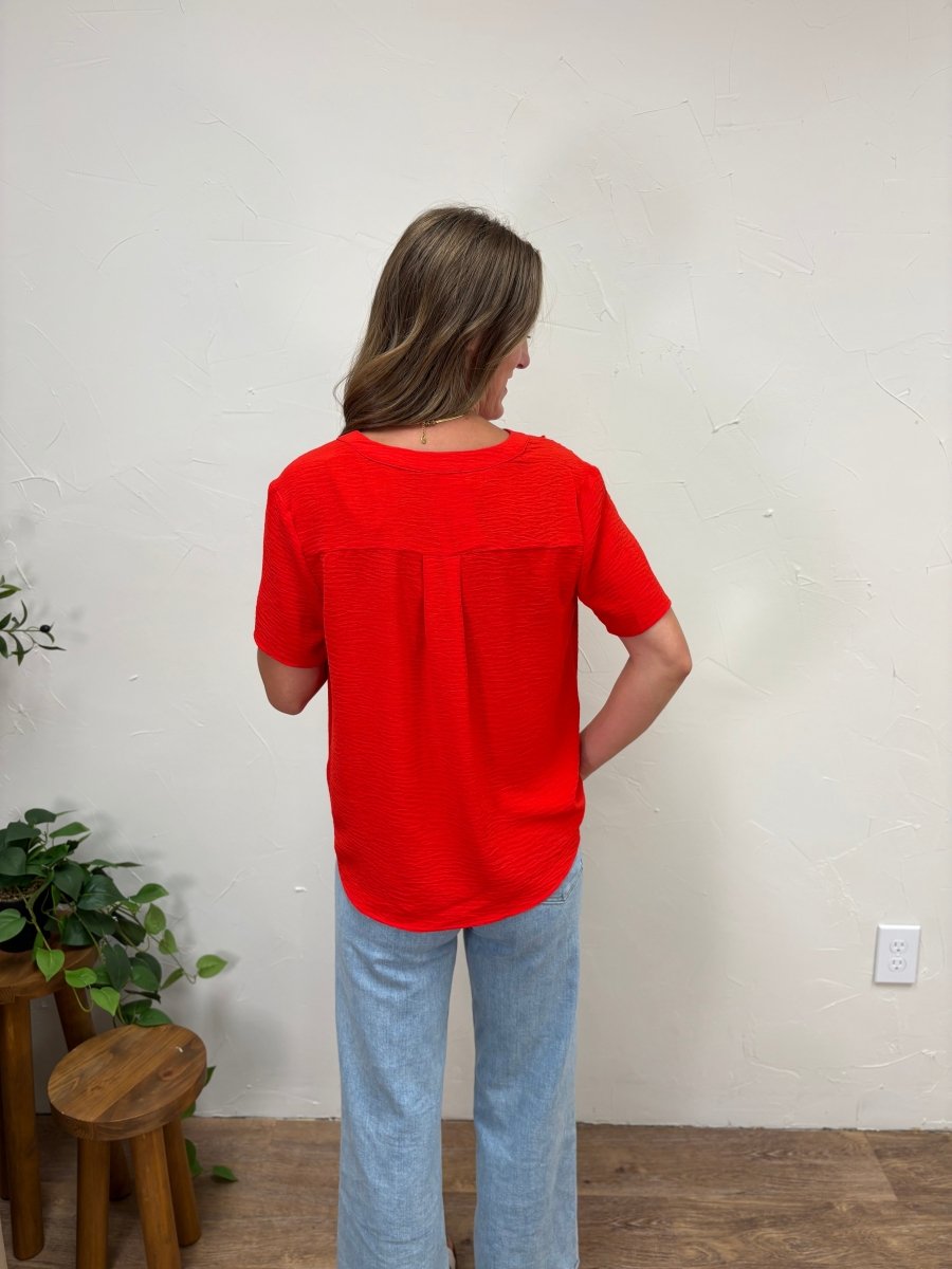 Back view of model wearing V neck dress shirt showing simple silhouette — Three:Twelve Boutique