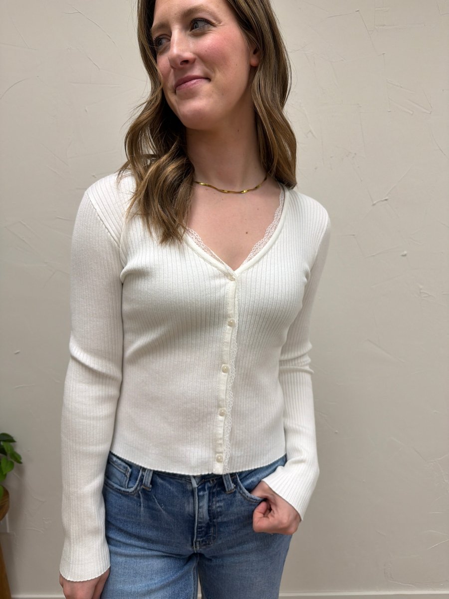 Close-up of lace insert detail on V-Neck long sleeve ribbed cardigan — Three:Twelve Boutique