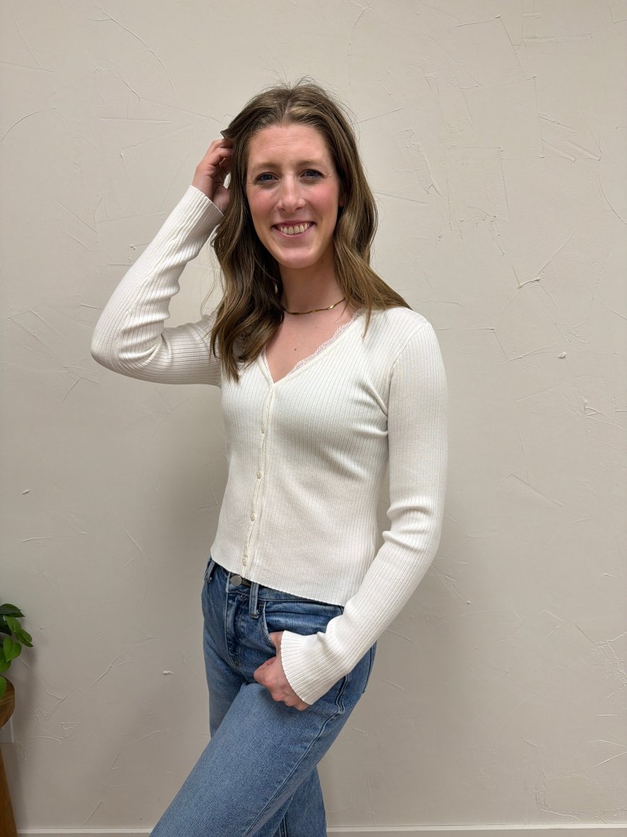 Side view of V-Neck long sleeve ribbed cardigan showing button and lace insert details — Three:Twelve Boutique