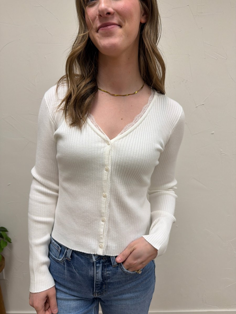 Close-up of lace insert detail on V-Neck long sleeve ribbed cardigan — Three:Twelve Boutique