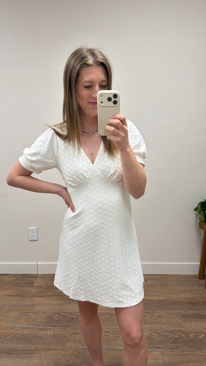 Front view of model wearing V Neck Mini Dress showing full silhouette — Three Boutique