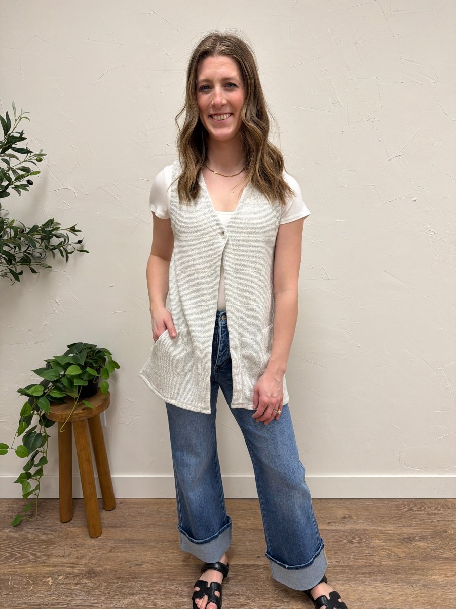 Front view of model wearing V Neck Sleeveless Tunic Top showing relaxed fit — Three:Twelve Boutique