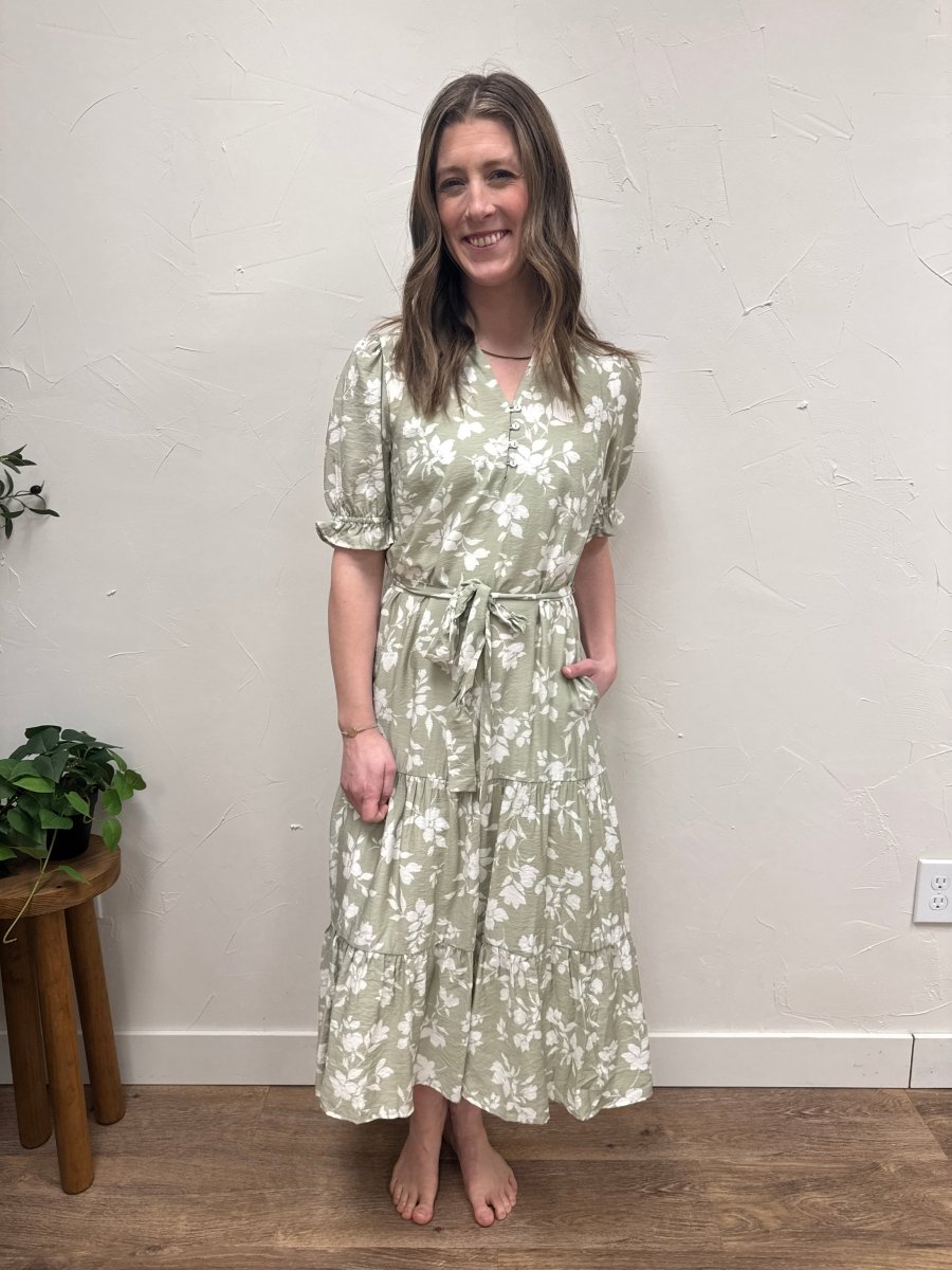 V Neck Waist Tie Tiered Midi Dress - Three:Twelve Boutique - Calista