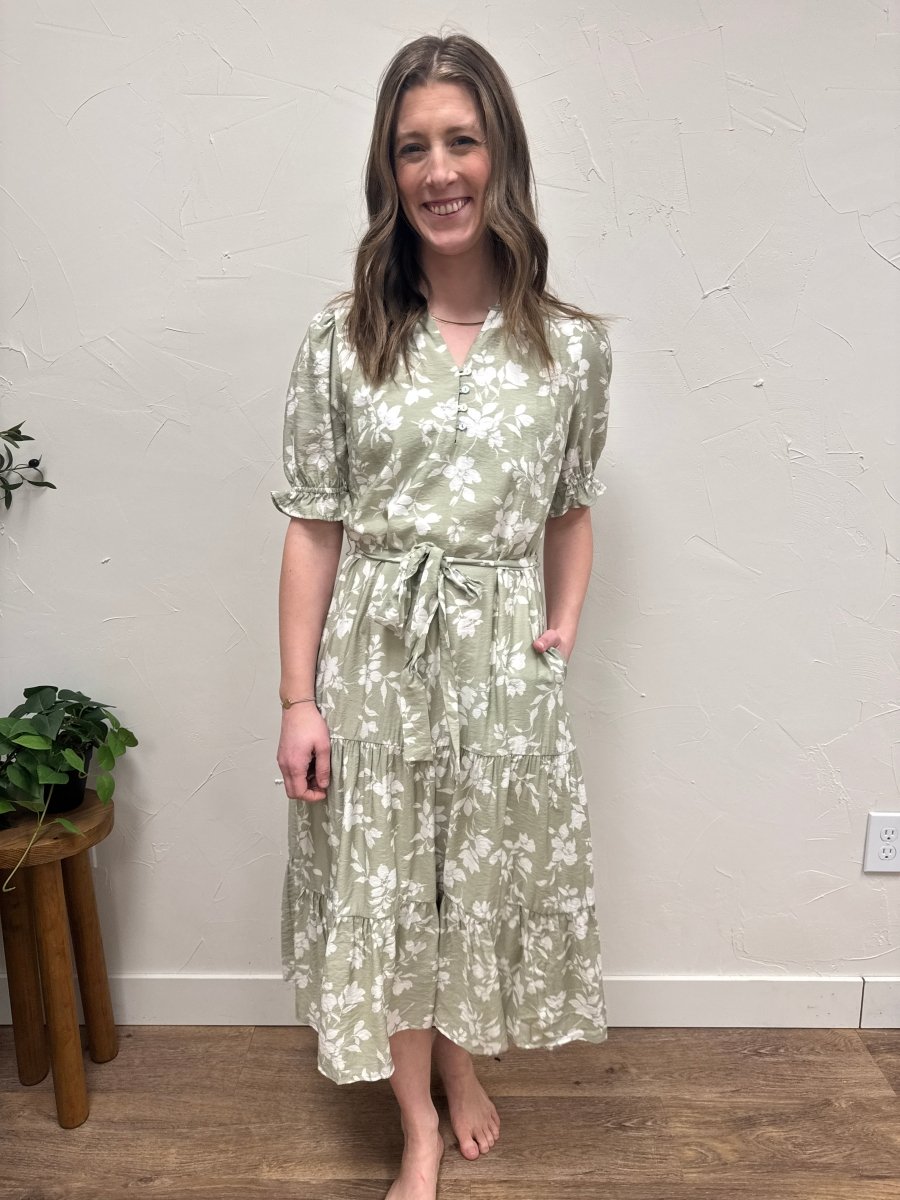 V Neck Waist Tie Tiered Midi Dress - Three:Twelve Boutique - Calista