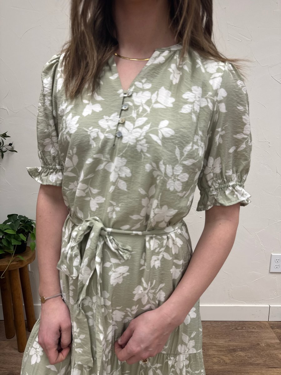 V Neck Waist Tie Tiered Midi Dress - Three:Twelve Boutique - Calista