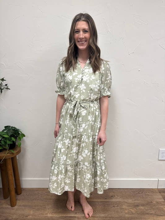 V Neck Waist Tie Tiered Midi Dress - Three:Twelve Boutique - Calista