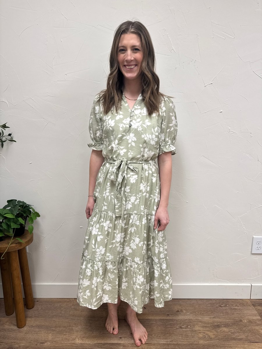 V Neck Waist Tie Tiered Midi Dress - Three:Twelve Boutique - Calista