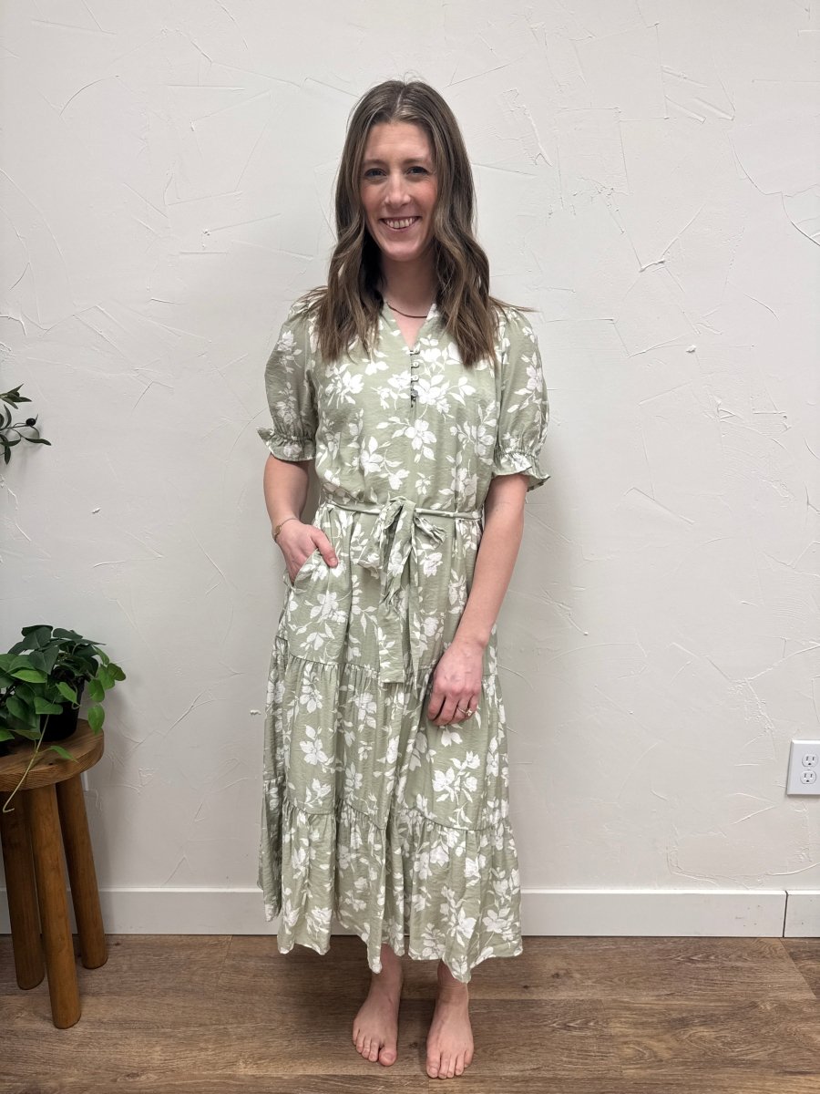 V Neck Waist Tie Tiered Midi Dress - Three:Twelve Boutique - Calista