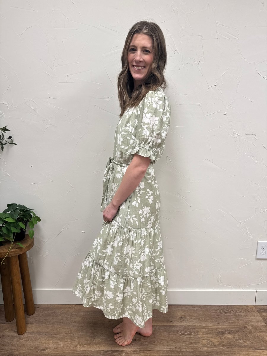 V Neck Waist Tie Tiered Midi Dress - Three:Twelve Boutique - Calista