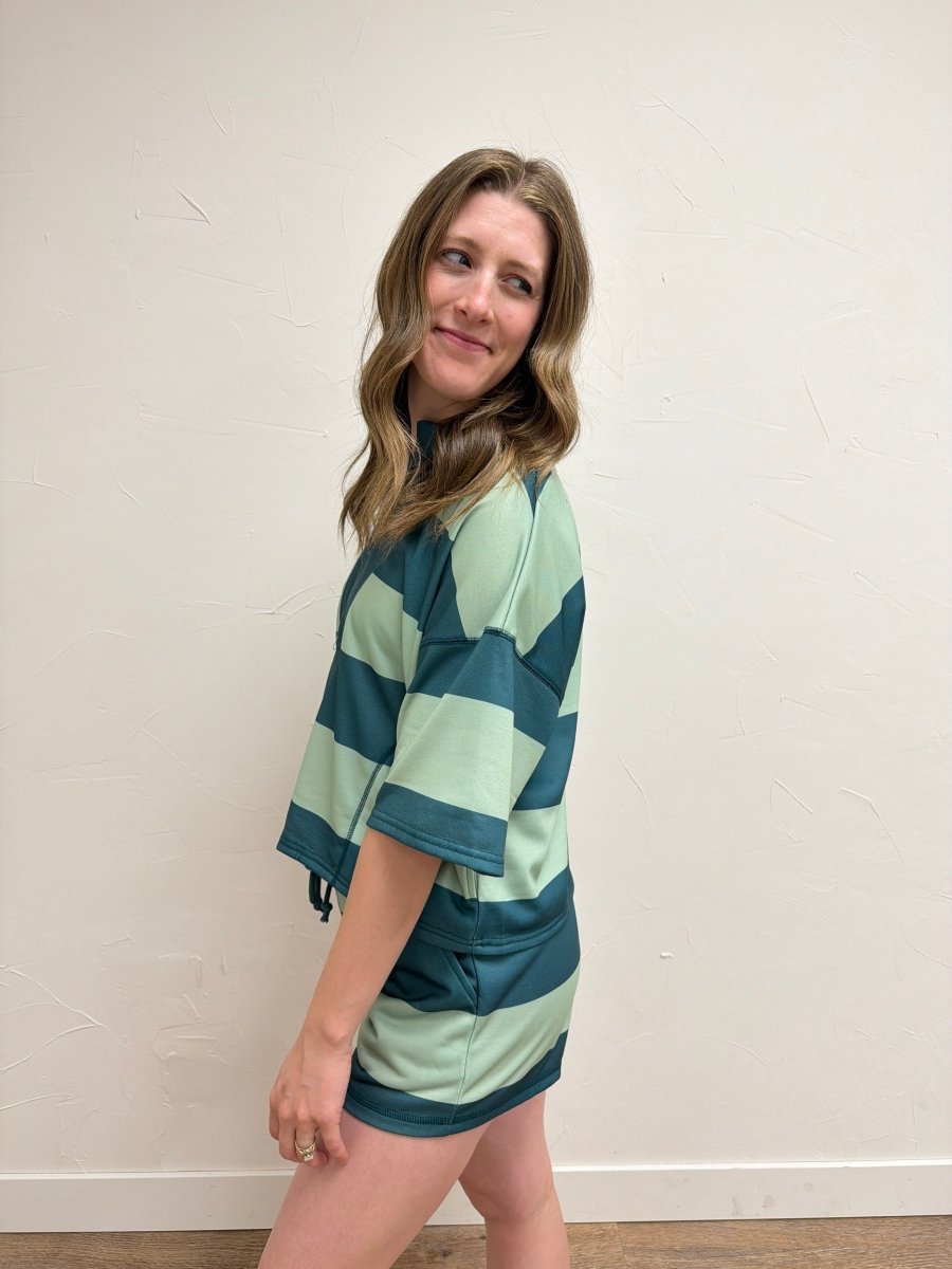 Side view of model wearing Vintage Striped Top with Shorts Set showing relaxed fit — Three Boutique