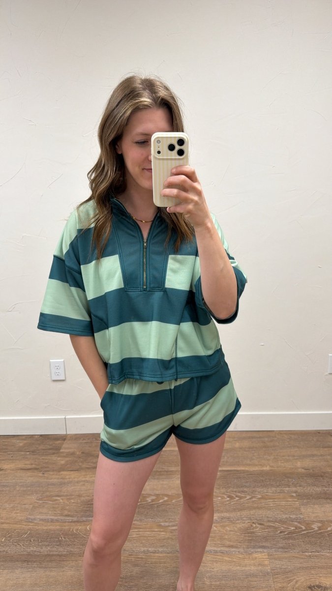 Lifestyle image of model wearing Vintage Striped Top with Shorts Set in casual setting — Three Boutique