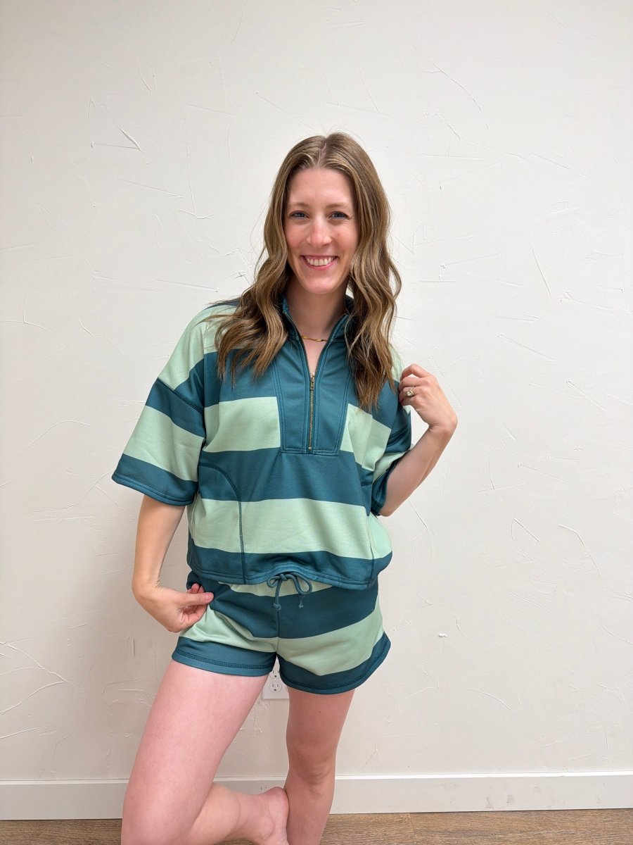 Lifestyle image of model wearing Vintage Striped Top with Shorts Set in casual setting — Three Boutique