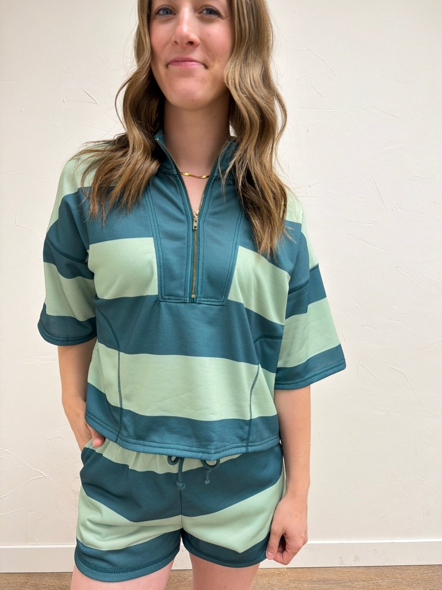 Close up of fabric detail on Vintage Striped Top with Shorts Set — Three Boutique