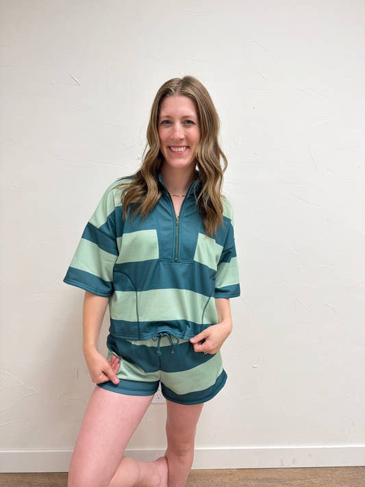 Front view of model wearing Vintage Striped Top with Shorts Set — Three Boutique