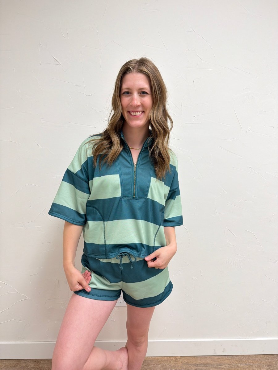 Front view of model wearing Vintage Striped Top with Shorts Set — Three Boutique
