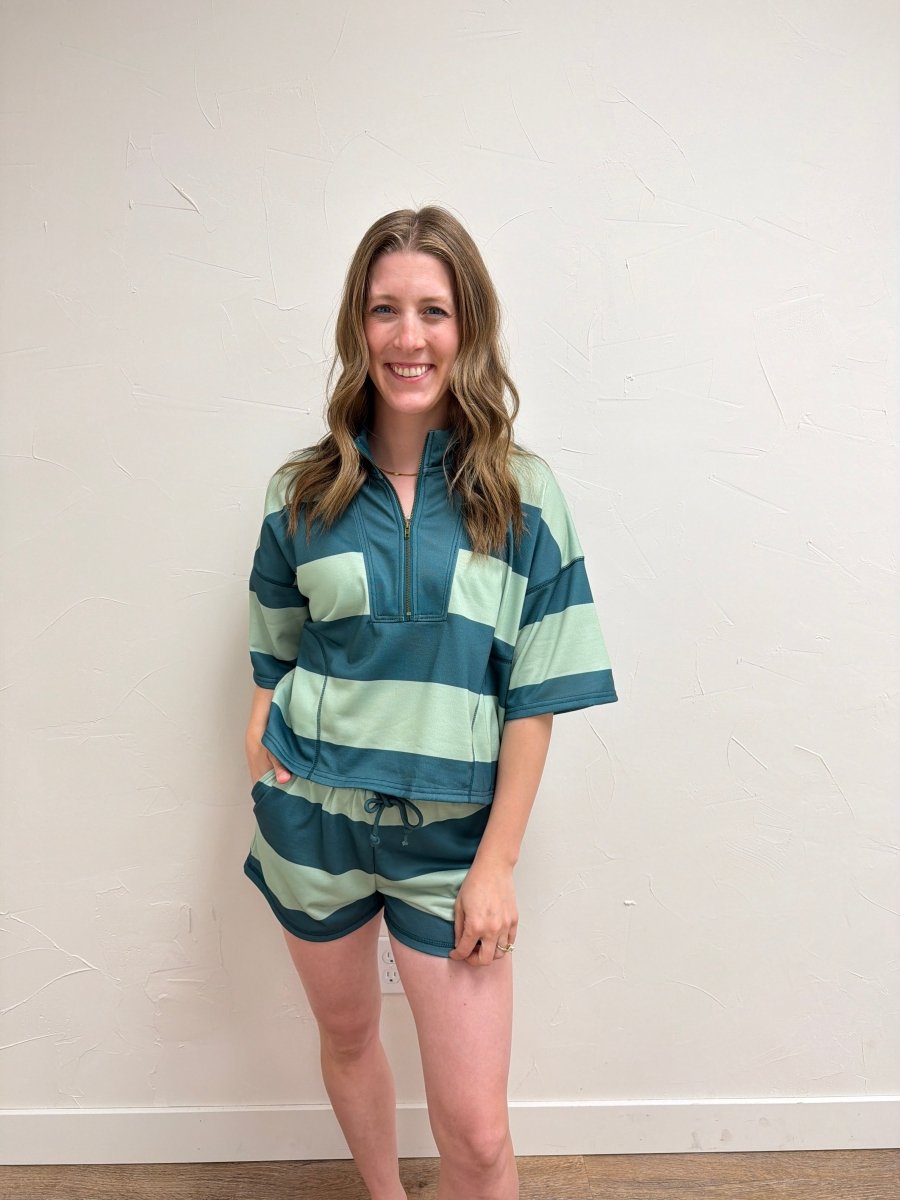 Front view of model wearing Vintage Striped Top with Shorts Set — Three Boutique