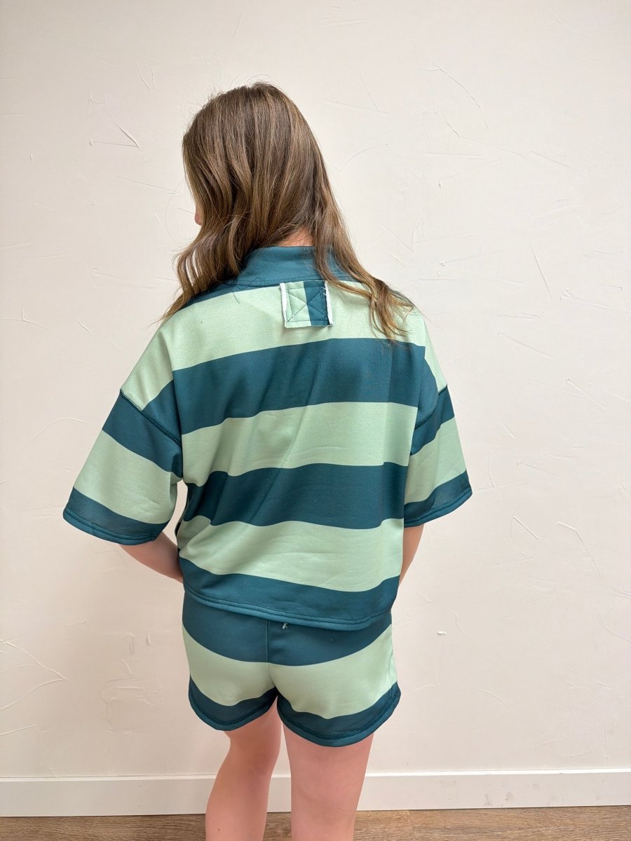 Back view of model wearing Vintage Striped Top with Shorts Set — Three Boutique