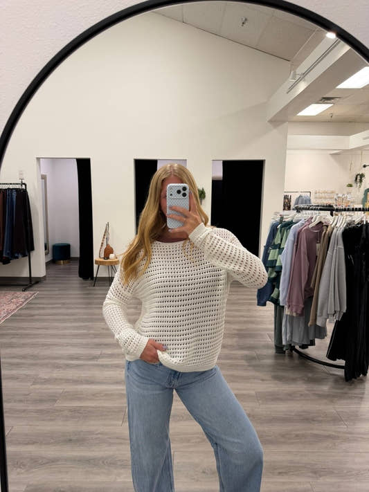 Wide Crew Neck Crochet Pullover for Women – Lightweight Open Knit Sweater - Three:Twelve Boutique - Staccato