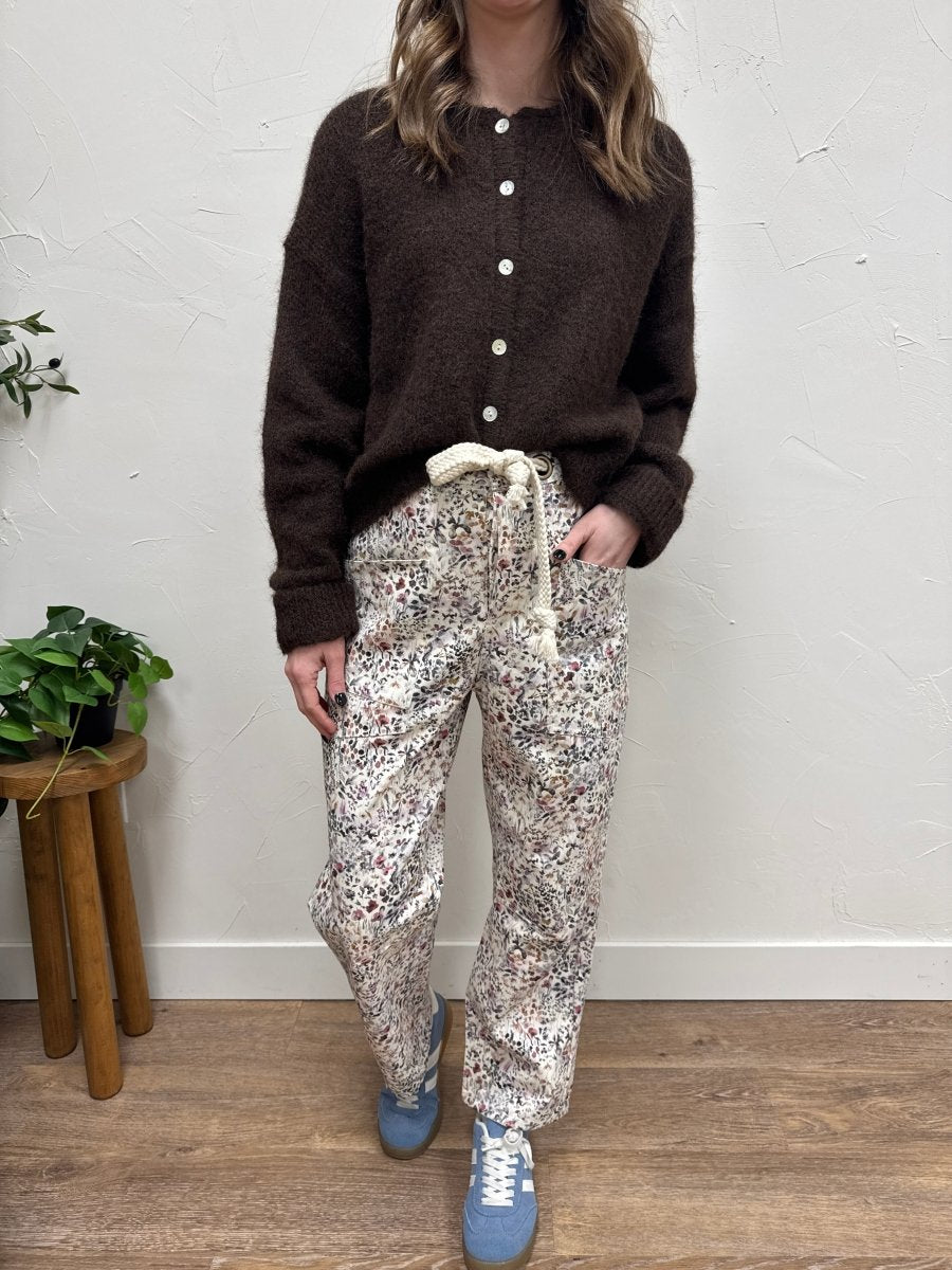 Front view of model wearing Wild Flowers printed pull on pants with rope string waist — Three:Twelve Boutique