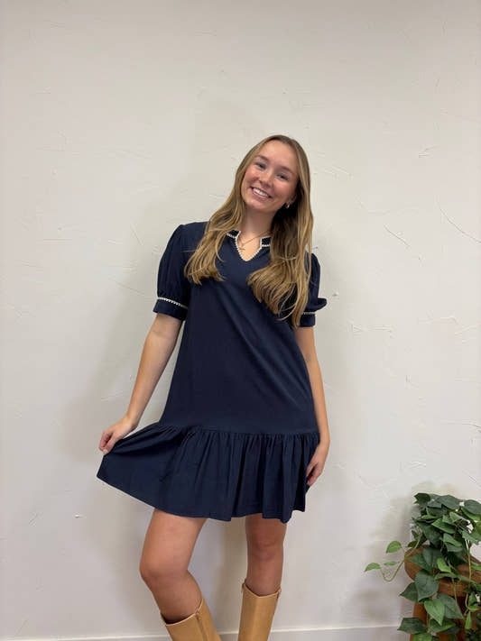 Woven Shift Dress with Contrast Embroidery Trim - Three:Twelve Boutique - she+sky