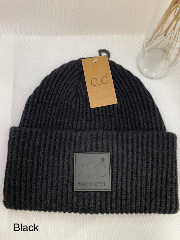 Ribbed Knit Beanie with c.c. Rubber Patch-Accessories - Caps-Three:Twelve